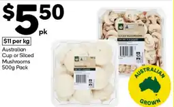 Woolworths Australian cup or sliced mushrooms offer
