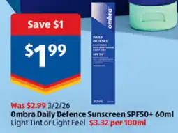 ALDI Ombra daily defence sunscreen spf50+ offer