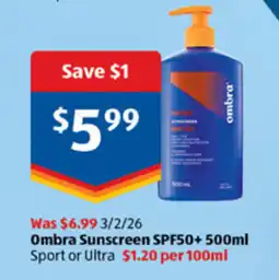 ALDI Ombra Sunscreen SPF50+ offer