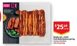 ALDI Ready, set...cook! pork belly rashers per kg honey soy glaze offer