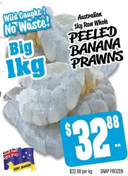 Farmer Jack's Australian 1kg raw whole peeled banana prawns offer