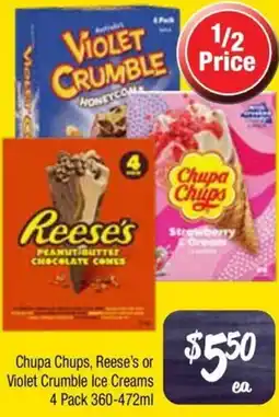 Farmer Jack's Chupa chups, reese's or violet crumble ice creams offer