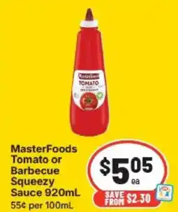 IGA MasterFoods Tomato or Barbecue Squeezy Sauce offer