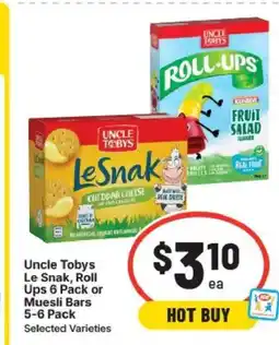 IGA Uncle tobys le snak, roll ups or muesli bars offer