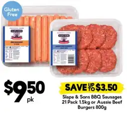 Drakes Slape & Sons BBQ Sausages or Aussie Beef Burgers offer