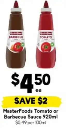 Drakes MasterFoods Tomato or Barbecue Sauce offer