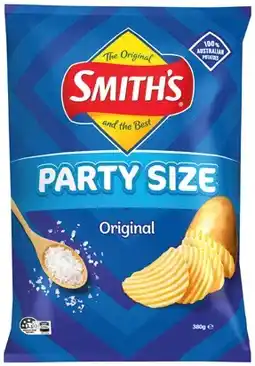 IGA Smith’s Crinkle Cut Chips or Doritos Corn Chips Party Size 380g Selected Varieties offer