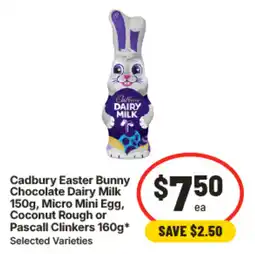 IGA Cadbury easter bunny chocolate dairy milk ,micro mini egg, coconut rough or pascall clinkers offer