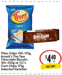 IGA Thins chips g, arnott's tim tam chocolate biscuits or cc's corn chips offer