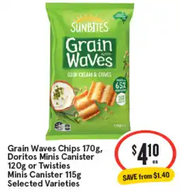 IGA Grain waves chips , doritos minis canister or twisties minis canister SAVE from $1.40 offer