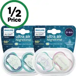 Woolworths Avent Ultra Air Nighttime Soother 0-6 or 6-18 Months Pk 2 – Assorted offer