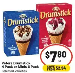 IGA Peters drumstick 4 pack or minis 6 pack selected varieties offer