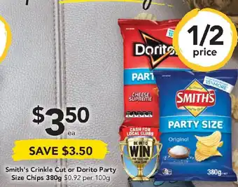 Drakes Smith's Crinkle or Dorito Party Size Chips 380g offer