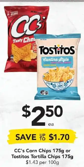 Drakes CC's Corn Chips 175g or Tostitos Tortilla Chips 175g offer