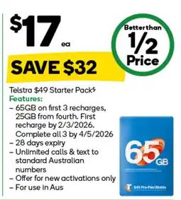 Woolworths Telstra $49 starter pack offer