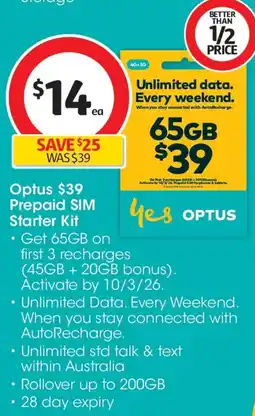 Coles Optus $39 prepaid sim starter kit offer