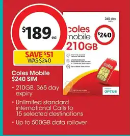 Coles Coles mobile $240 sim offer