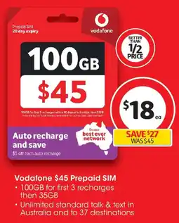 Coles Vodafone $45 prepaid sim offer
