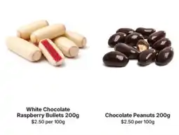 IGA White chocolate raspberry bullets and chocolate peanuts offer