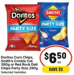 IGA Doritos corn chips, smith's crinkle cut or red rock deli chips party size offer