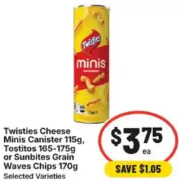 IGA Twisties cheese minis canister , tostitos or sunbites grain waves chips offer