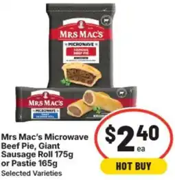 IGA Mrs mac's microwave beef pie, giant sausage roll or pastie offer