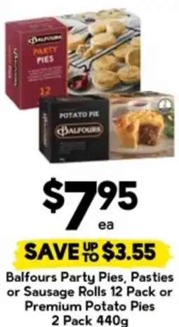 Drakes Balfours party pies, pasties or sausage rolls or premium potato pies offer