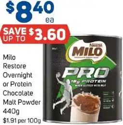 Foodland Milo restore overnight or protein chocolate malt powder offer