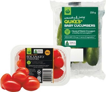 Woolworths Australian Sweet Solanato™ Tomatoes 200g Punnet or Qukes® Baby Cucumbers 250g Pack offer