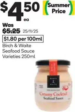 Woolworths Birch & waite seafood sauce varieties offer