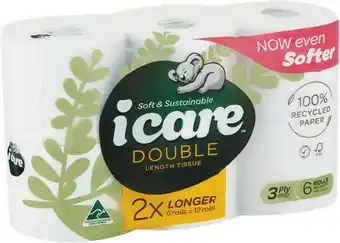 Woolworths Icare Recycled Toilet Tissue Double Length White 3Ply Pk 6 offer