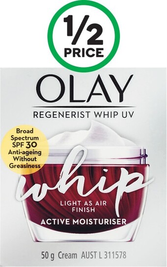 Woolworths Olay Regenerist Whip Face Cream Moisturiser UV SPF30 50g* offer