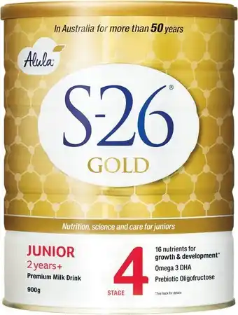 Woolworths S-26 Gold Alula Stage 3 Toddler or Stage 4 Junior Baby Formula 900g u2013 Limit 2 per Customer offer