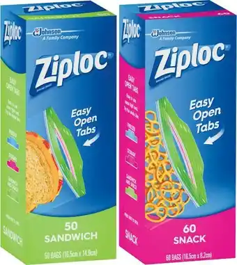 Coles Ziploc Resealable Food Storage Sandwich Bags 50 Pack or Snack Bags 60 Pack offer
