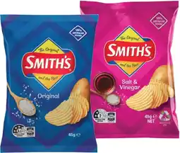 IGA Smith’s Crinkle Cut Chips, Twisties or Doritos Corn Chips 45g Selected Varieties offer