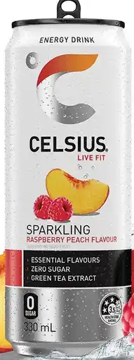 IGA NEW Celsius Raspberry Peach Sparkling Energy DrinkCelsius Raspberry Peach Sparkling Energy Drink offer
