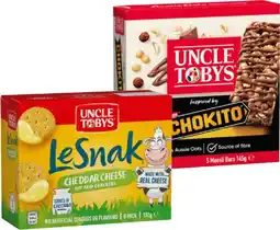 IGA Uncle Tobys Muesli Bars 5‑6 Pack, Le Snak or Roll‑Ups 6 Pack Selected Varieties offer
