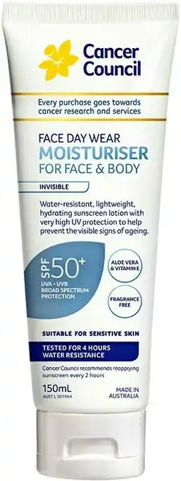 Priceline Cancer Council Face & Body Moisturiser Water-resistant SPF50+ Invisible 150mL offer