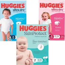 Woolworths Huggies Infant or Newborn Nappies Pk 96-108 or Ultra Dry Nappies Pk 60-90 offer