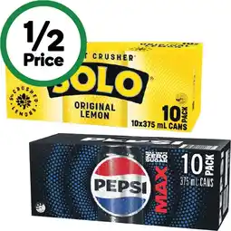 Woolworths Pepsi, Solo, Mountain Dew or Schweppes Lemonade Soft Drink Varieties 10 x 375ml offer
