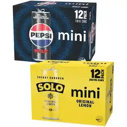 Woolworths Pepsi Max, Schweppes Lemonade or Solo Drink Varieties 12 x 250ml offer