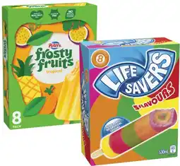 Coles Peters Frosty Fruits Sticks 6 Pack-8 Pack 420mL-600mL or Lifesavers Icy Poles 8 Pack 530mL offer