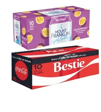 Coles Coca-Cola, Fanta or Sprite Soft Drink or Mt Franklin Lightly Sparkling 10x375mL offer