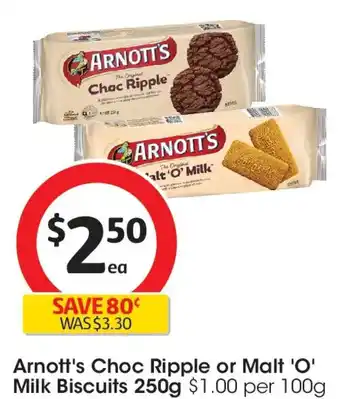 Coles Arnott's choc ripple or malt 'o' milk biscuits offer