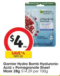 Coles Garnier hydra bomb hyaluronic acid + pomegranate sheet mask offer