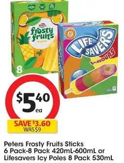 Coles Peters Frosty Fruits Sticks or Lifesavers Icy Poles offer