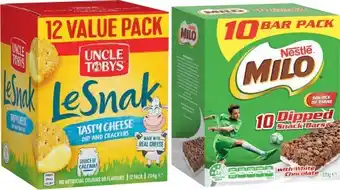 Coles Uncle Tobys Le Snak Value Pack 264g or Nestlé Milo Bar Value Pack 270g offer