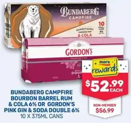 SipnSave Bundaberg campfire bourbon barrel rum & cola 6% or gordon's pink gin & soda double 6% offer