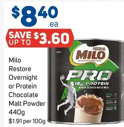 Foodland Milo restore overnight or protein chocolate malt powder offer