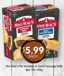 Spudshed Mrs mac's pie varieties or giant sausage rolls offer